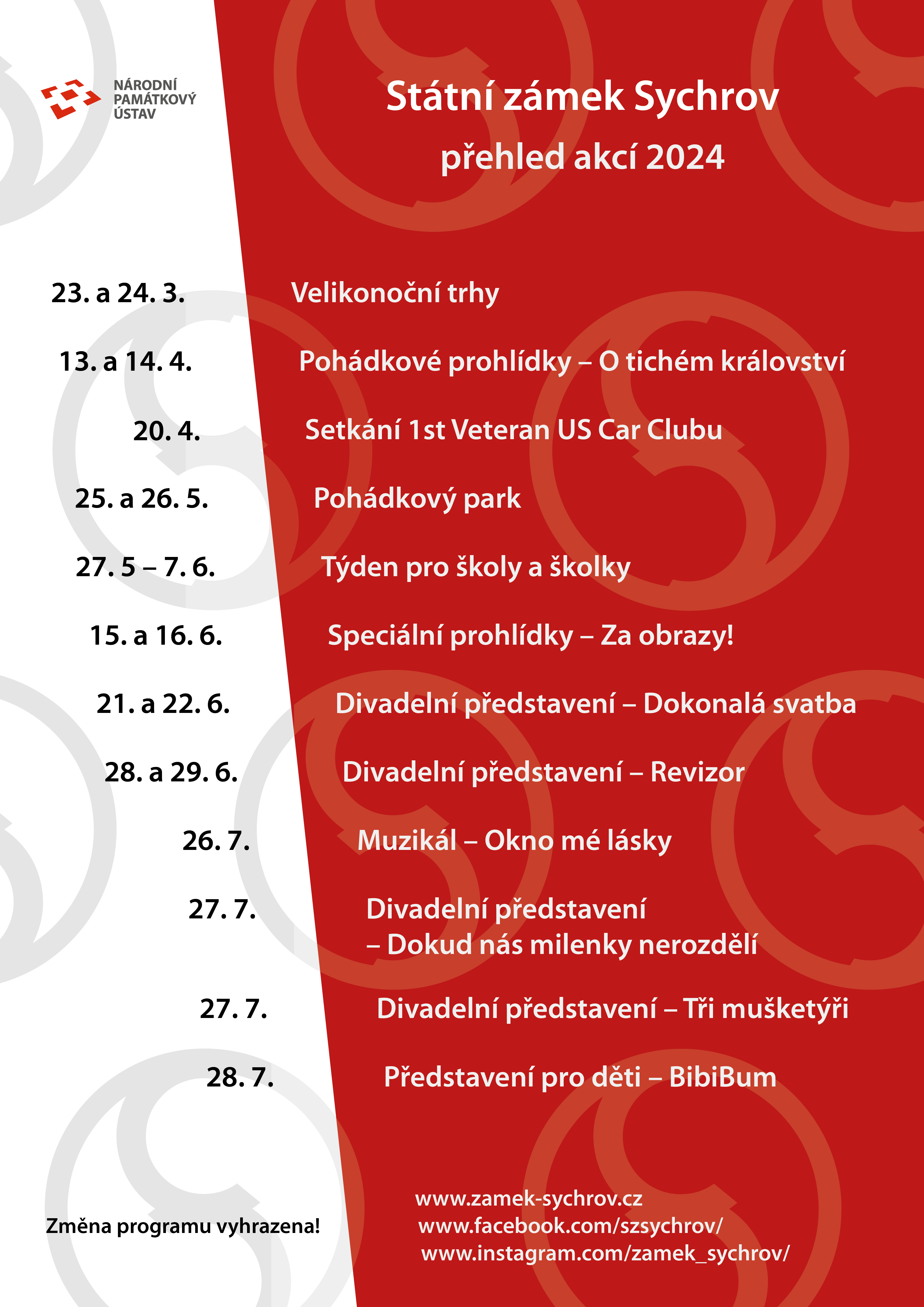 Program Akce Přehled akcí v sezóně 2024 - Sychrov